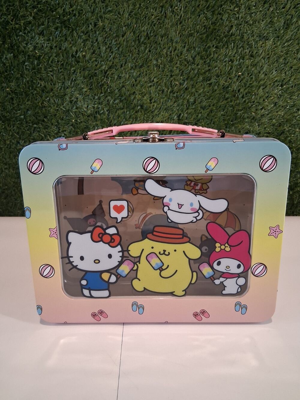 Sanrio Hello Kitty Friends Beach Tin Lunch Box 3D Clear Window Lid NEW
